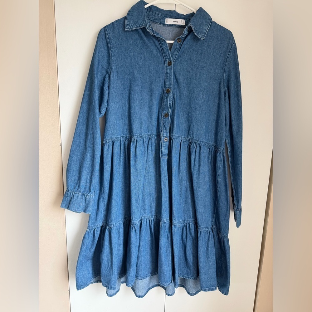 Mango tiered long-sleeve denim shirt dress
